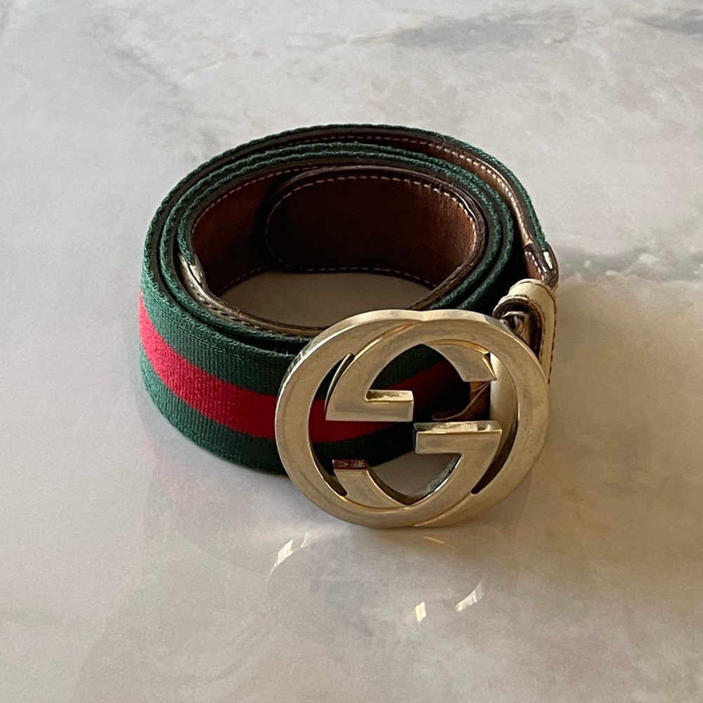 Gucci Green and Red Web Stripe Belt with Gold Double G Buckle